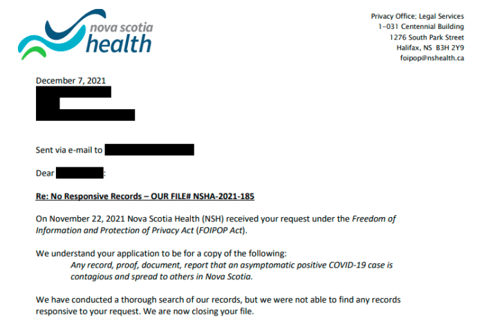 Nova Scotia FOI No Evidence "Asymptomatic Spreading" Even Exists