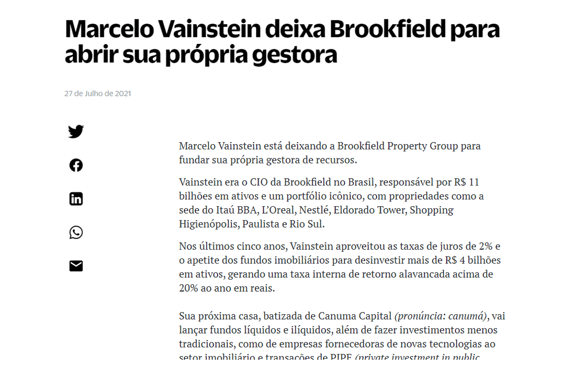 Marcelo Vainstein deixa Brookfield para abrir sua própria gestora