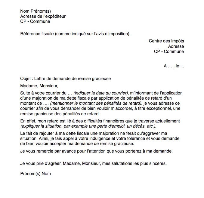 Modele Lettre Demande De Remise Gracieuse Impot Exemple de Lettre
