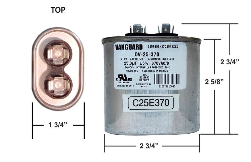 25 MFD 370 VAC Oval Motor Run Capacitor