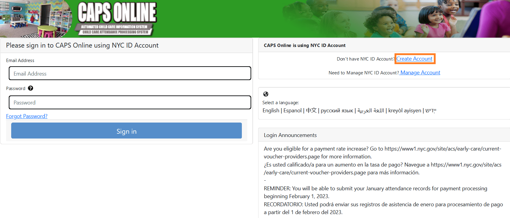 Step 2 Create an NYC ID CAPS Online Support Help Center