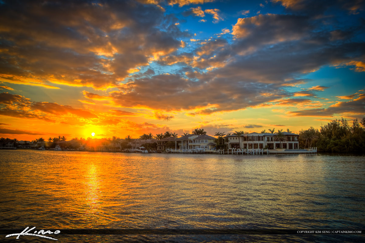 Waterfront Homes Sunset Along Waterway Boca Raton HDR Photography by
