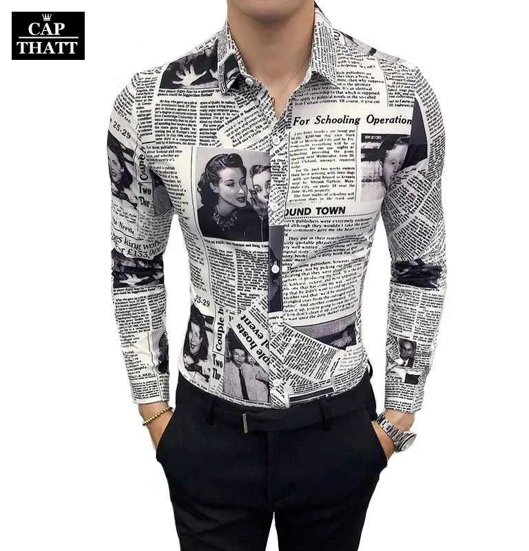 Men's Longsleeved Newspaper Print Shirt Slim Fit Capthatt Mens