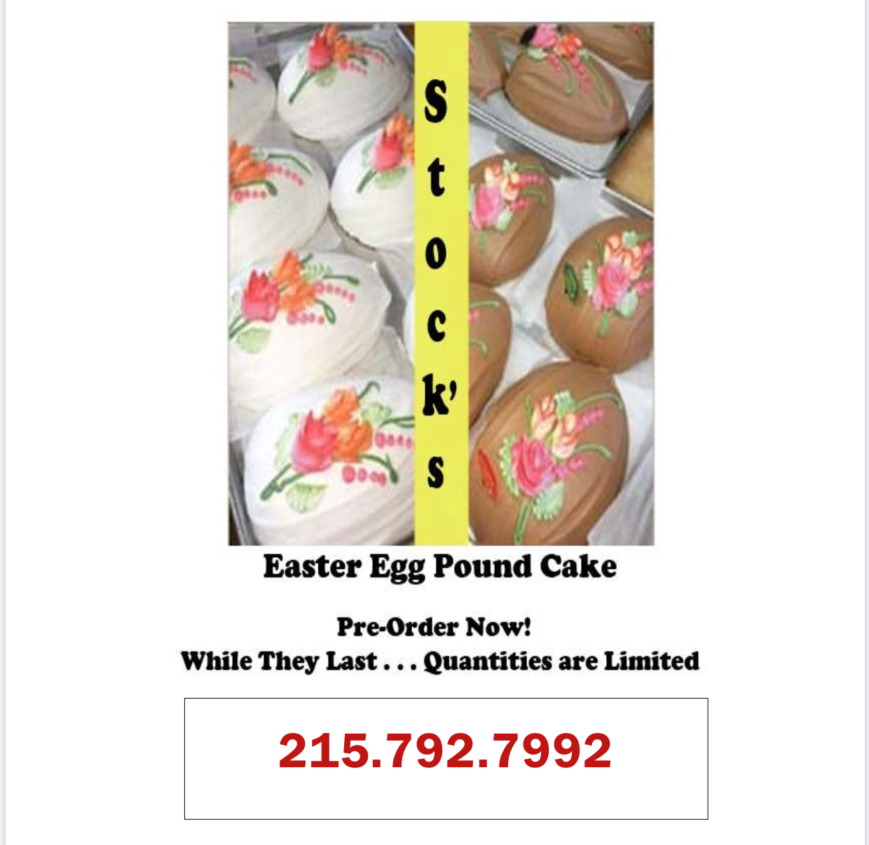 stocks easter egg pound cake Capt'n Chucky's Jamison, PA