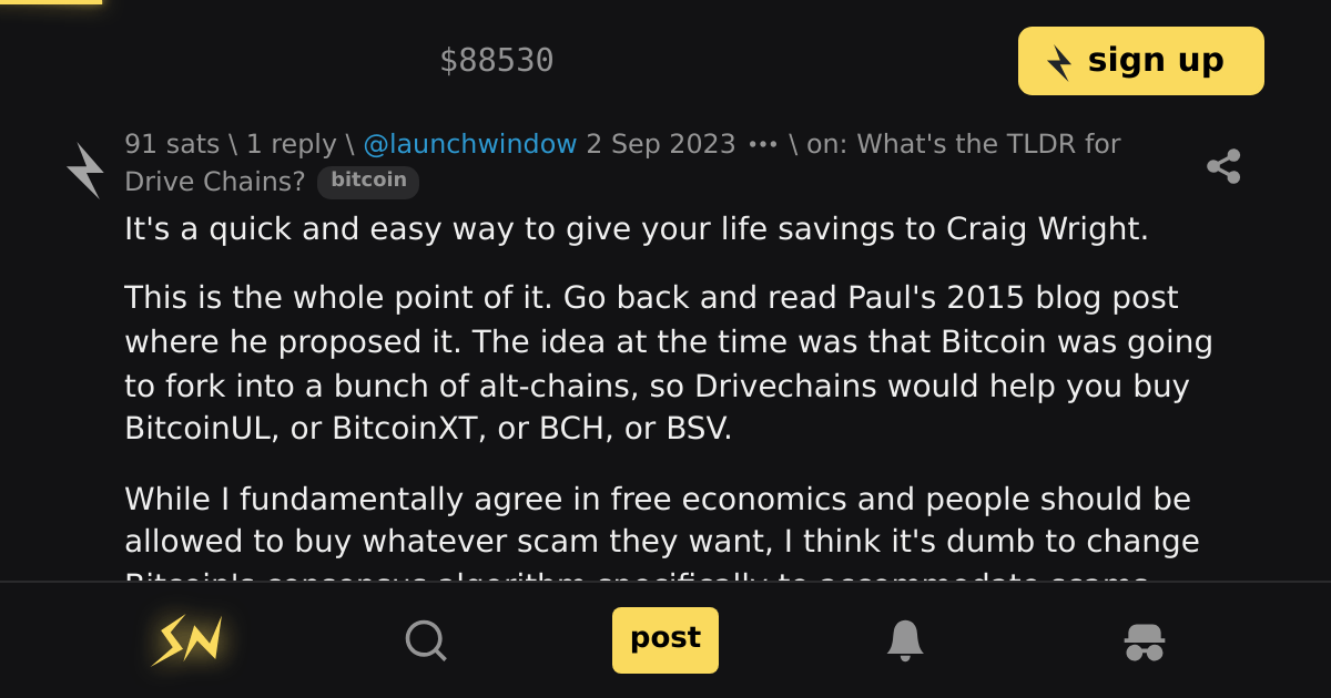 reply on What's the TLDR for Drive Chains? \ stacker news bitcoin