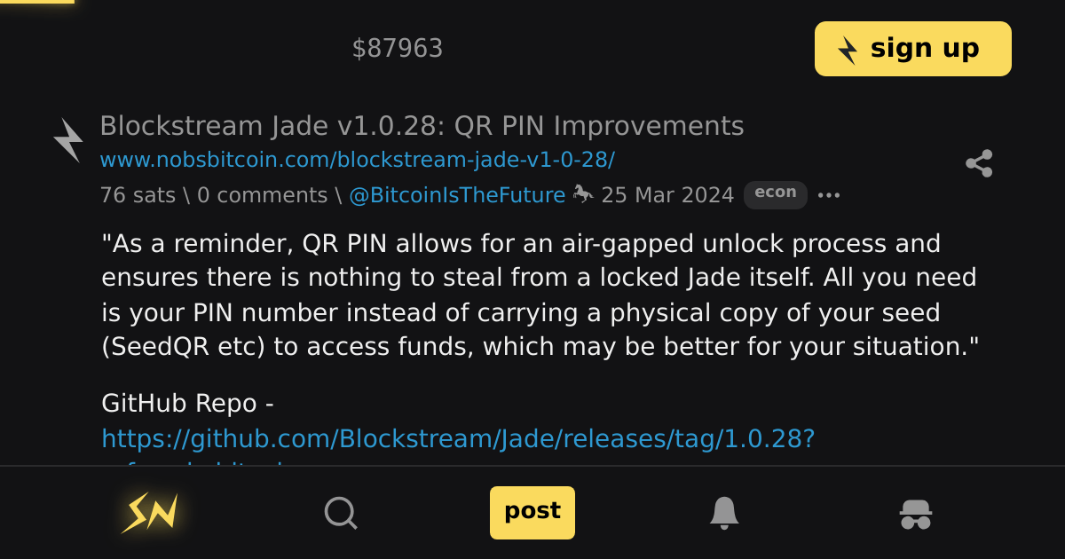 Blockstream Jade v1.0.28 QR PIN Improvements \ stacker news econ