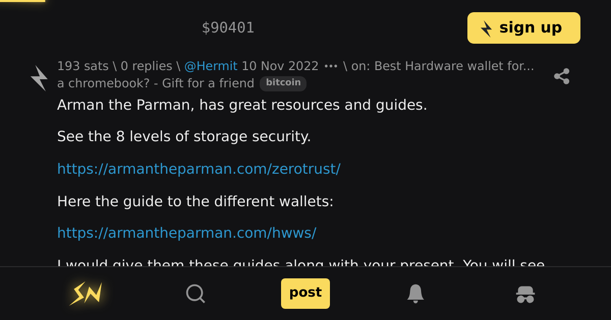 reply on Best Hardware wallet for... a chromebook? Gift for a friend \ stacker news bitcoin