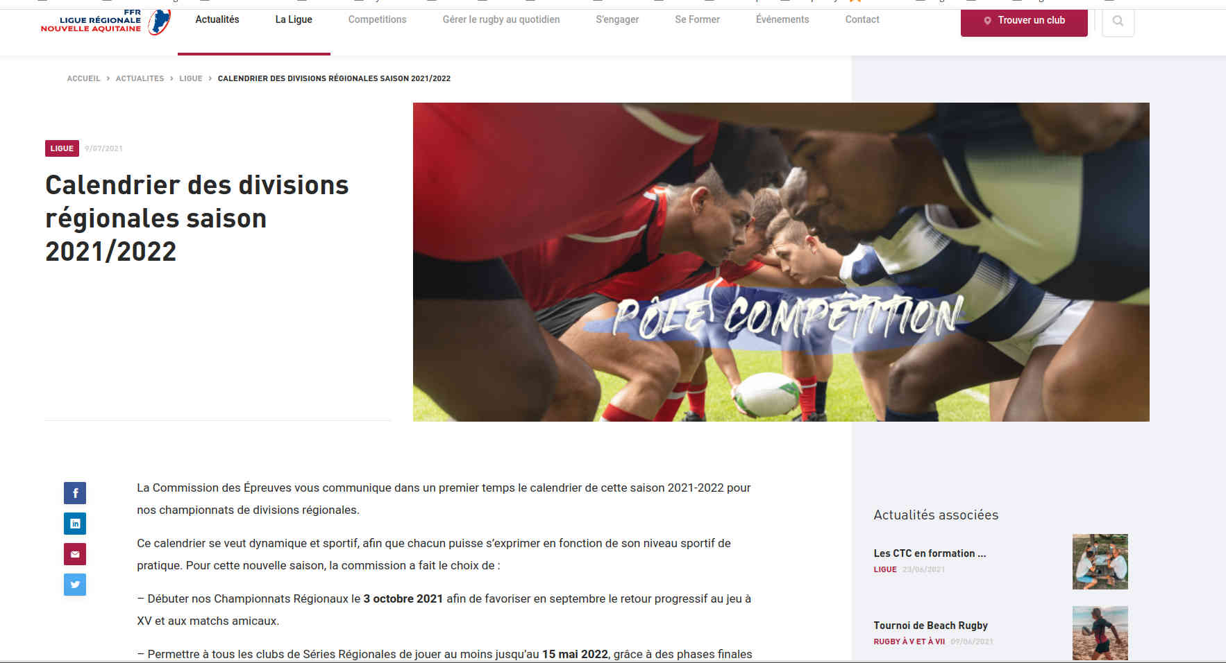 Calendrier saison 20212022 communication de la Ligue Régionale