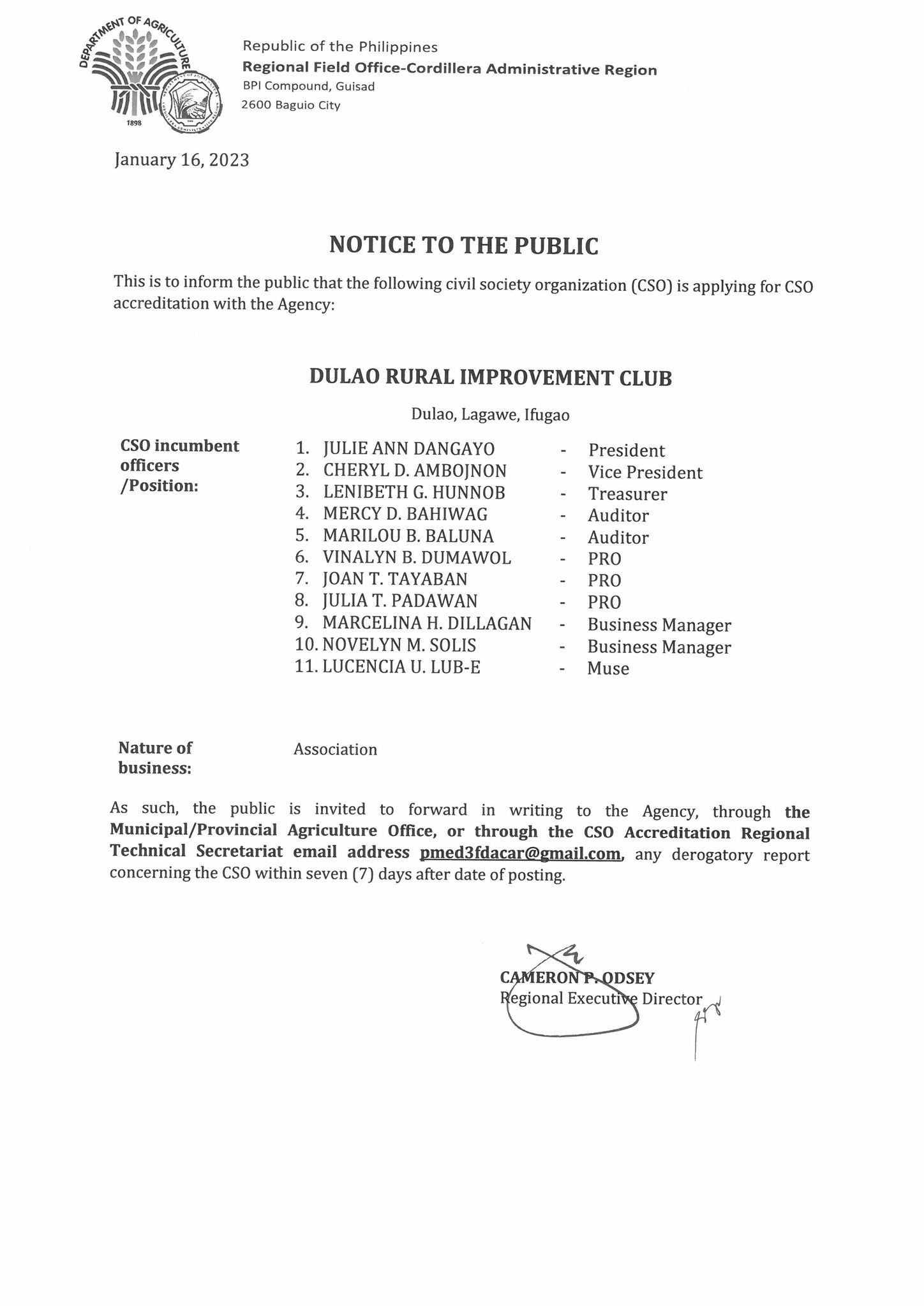 Dulao Rural Improvement Club Department of Agriculture Cordillera