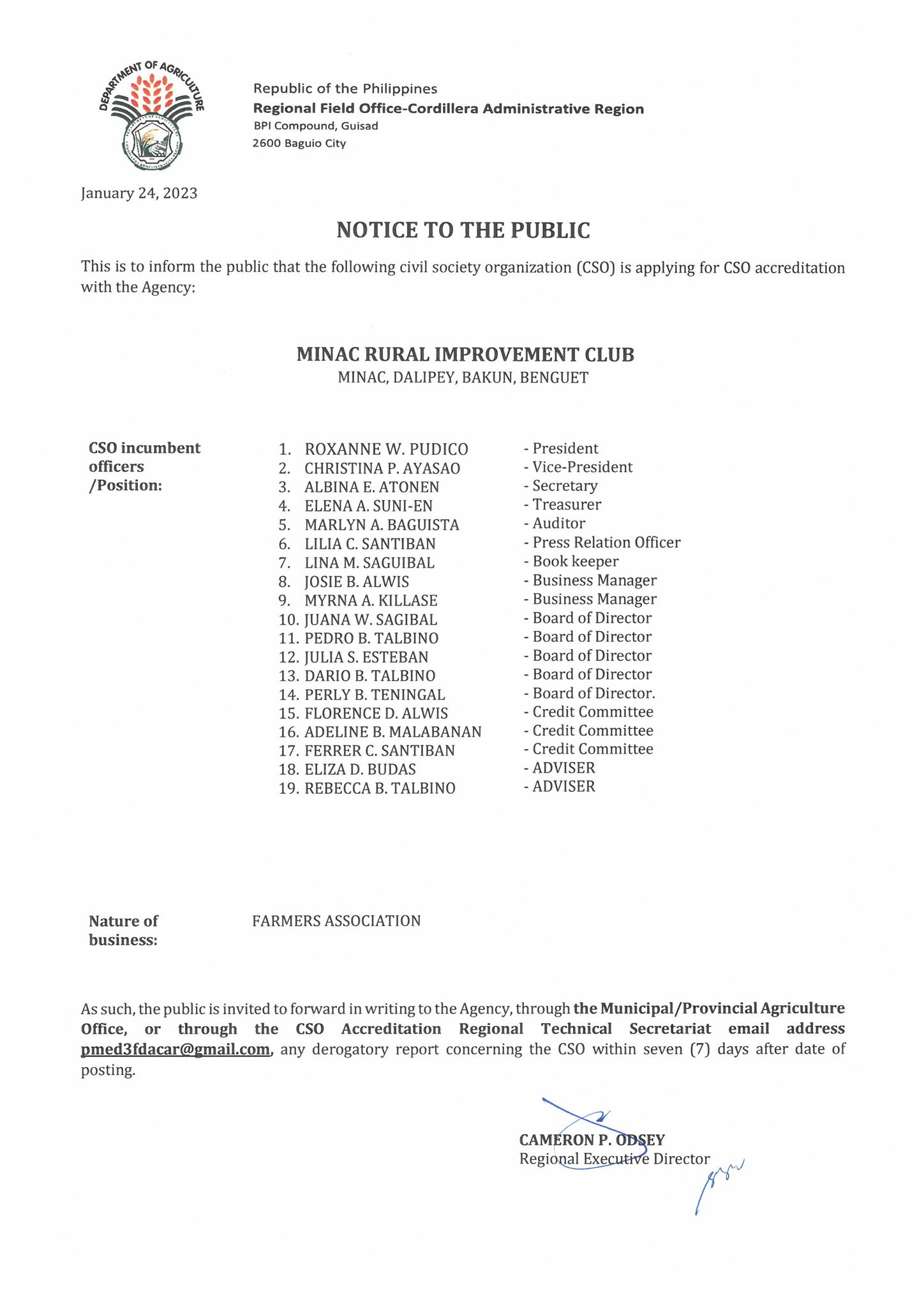 Minac Rural Improvement Club Department of Agriculture Cordillera