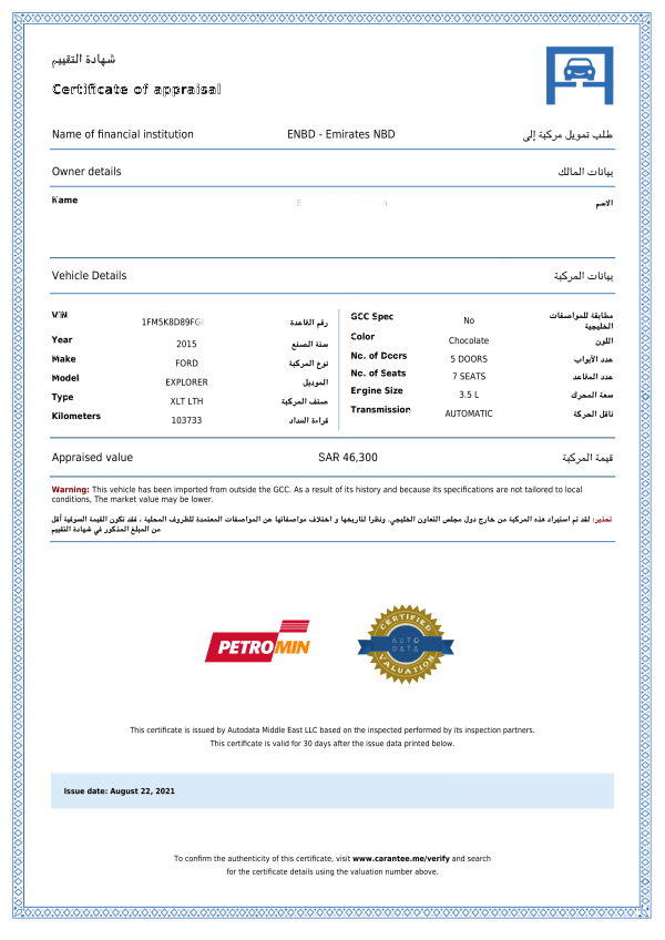 Car appraisal certificate KSA Carantee