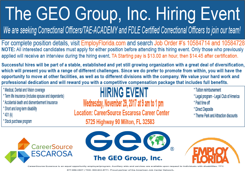 The GEO Group, Inc. Hiring Event CareerSource Escarosa