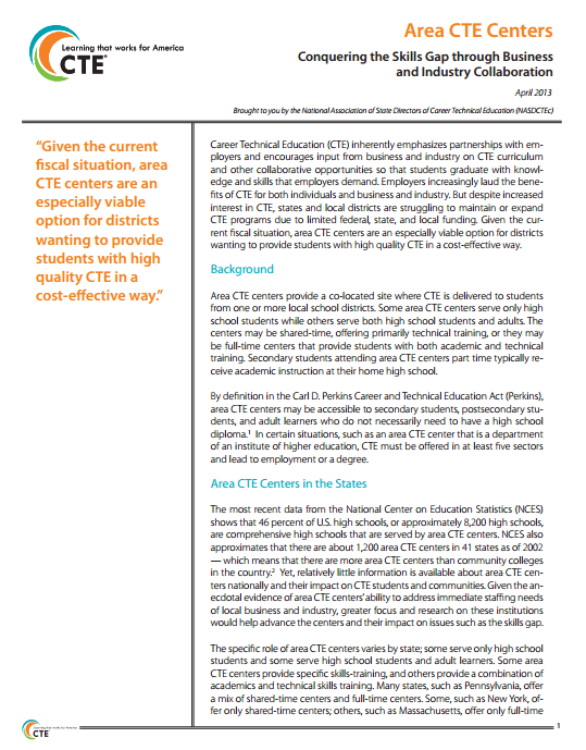 Area CTE Centers Conquering the Skills Gap through Business and