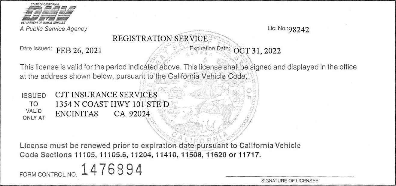 Registration Service License CA Registration Services