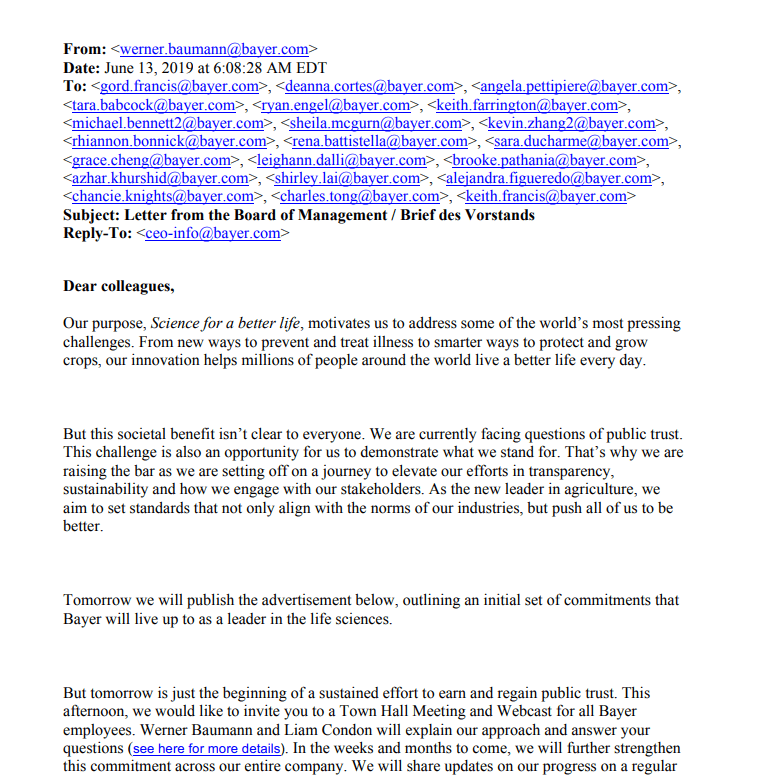 Bayer Internal Emails Says Seeks to “Regain Public Trust” Amid Monsanto