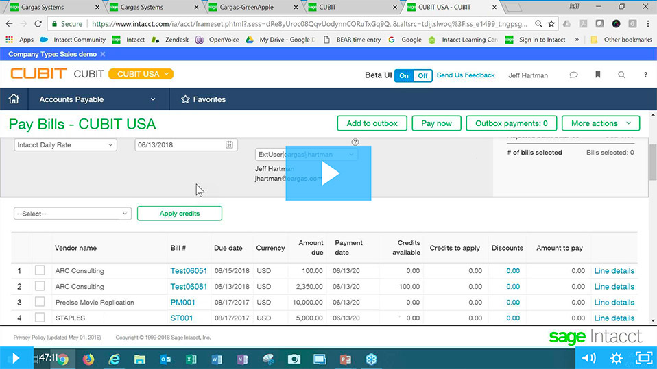inar Overview of the Sage Intacct Action UI Cargas