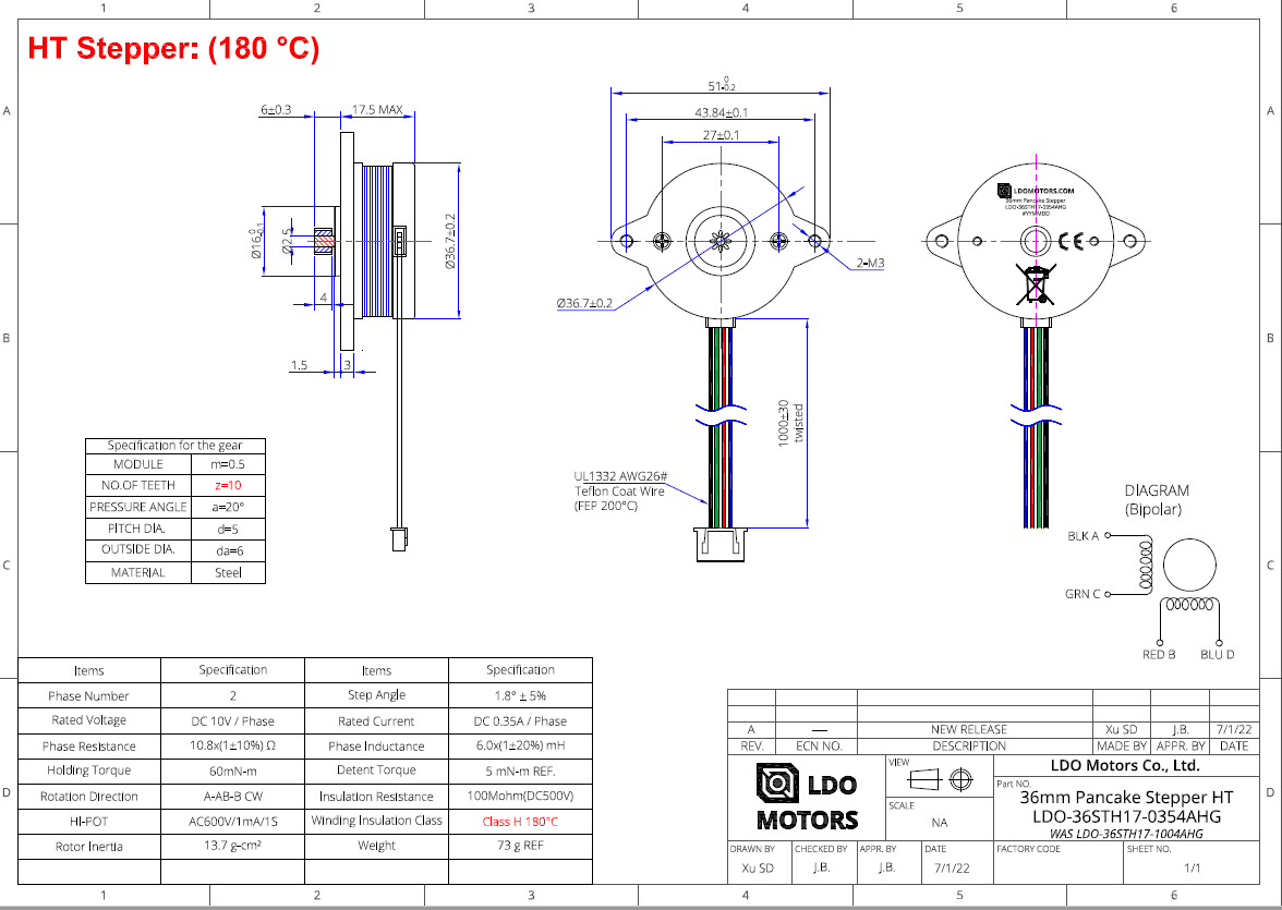 1.8°, 36mm Pancake Motor LDO-36STH17-0354AHG (gear)