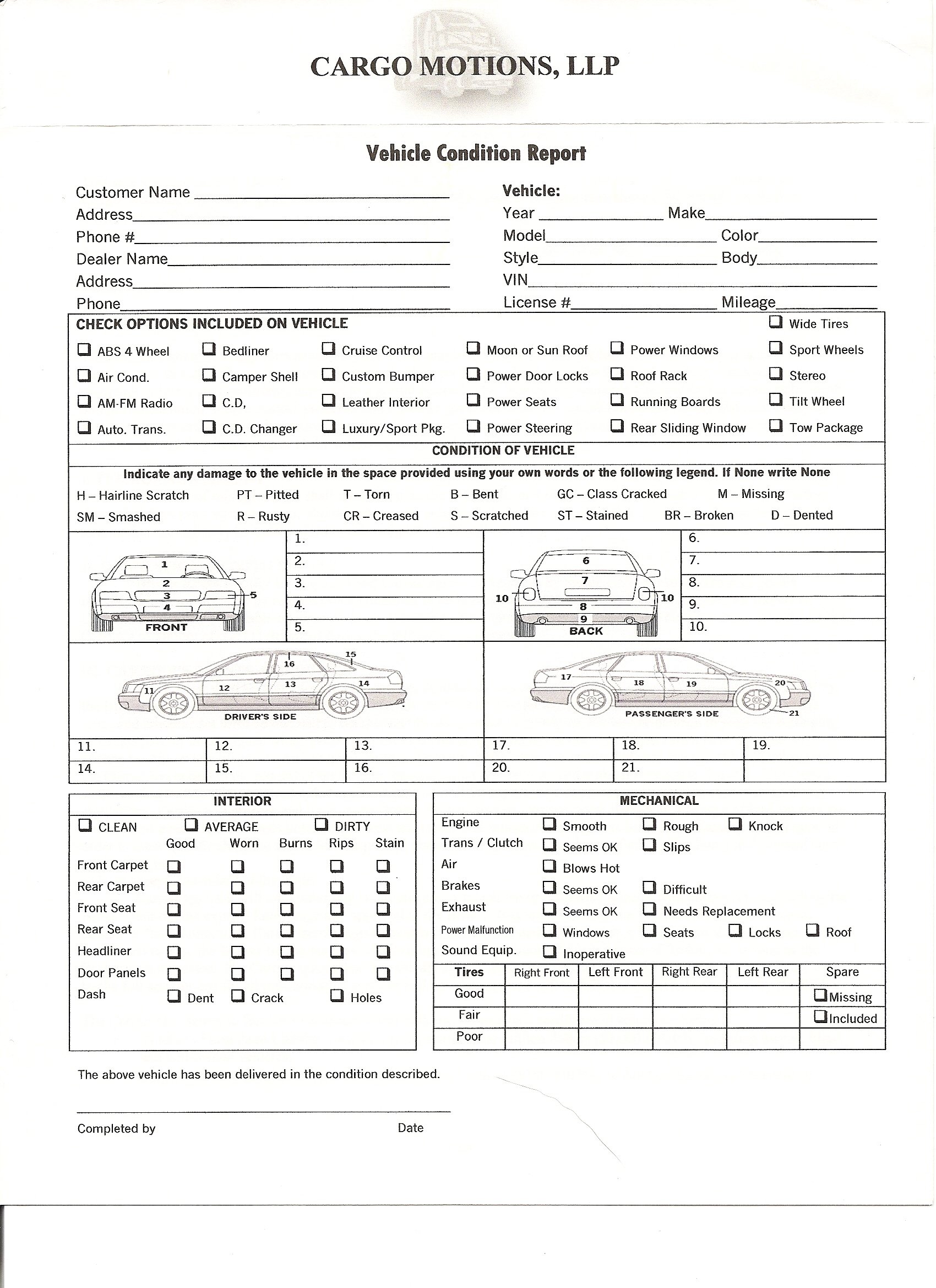 Vehicle Condition Report Carla's Transport Services