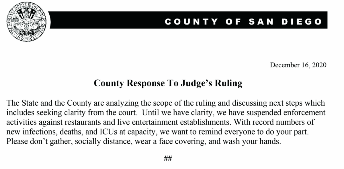 ALERT Carlsbad City Manager Responds to Court Ruling for Restaurants