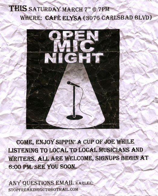 OPEN MIC Cafe Elysa Carlsbad Art and Culture at Carlsbad Art and Culture