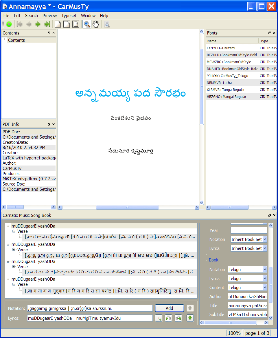 CarMusTy Create, Edit and Publish Carnatic Music Notation Books for