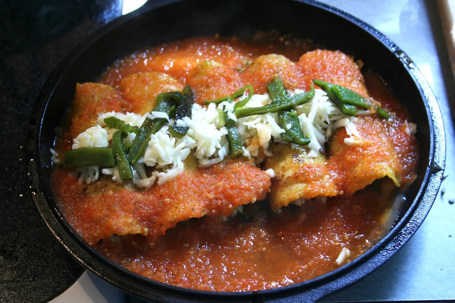 Chile Relleño Enchiladas Carne and Papas