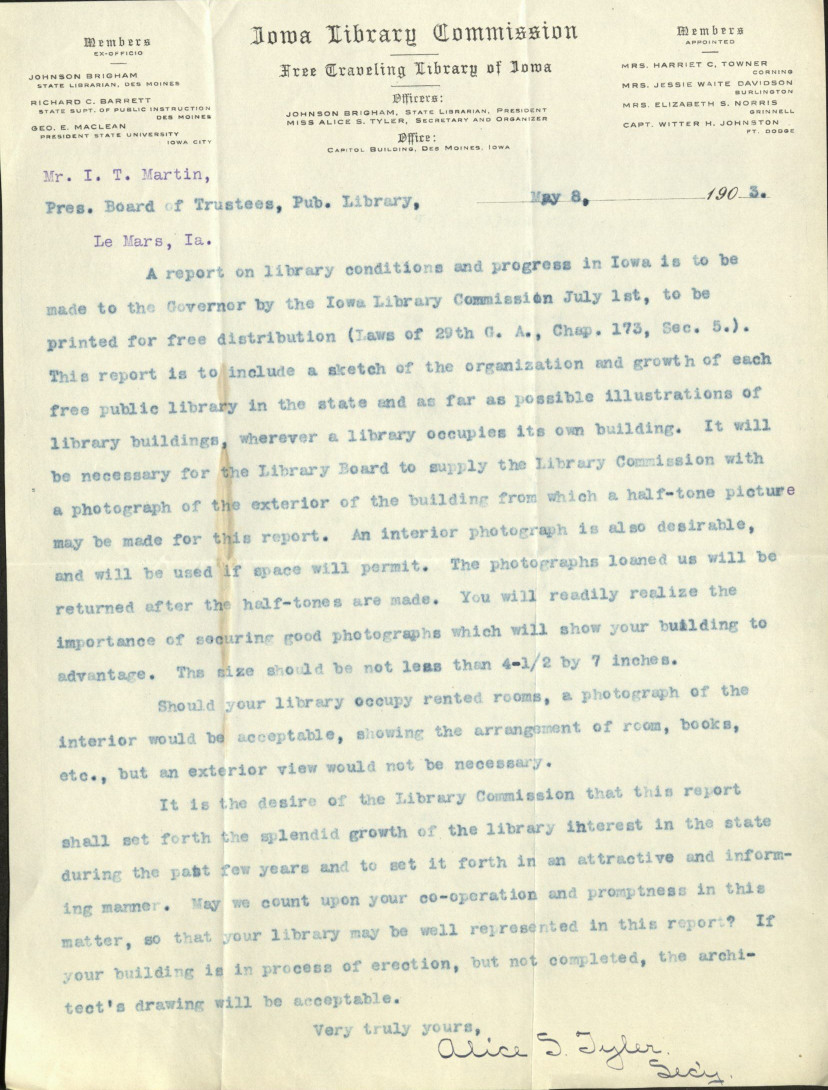 1903, May 8, Alice Tyler Photo Request Letter Carnegie Libraries in