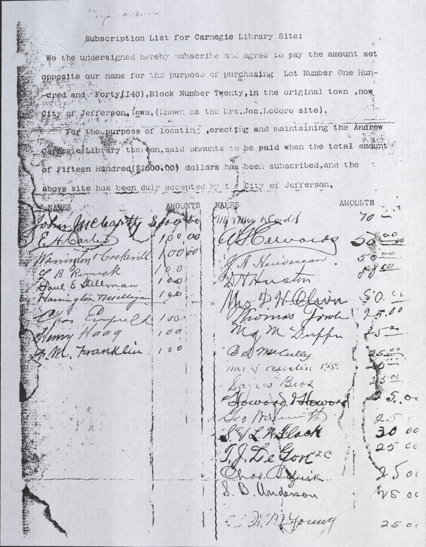 Undated, Library Lot Subscription List Carnegie Libraries in Iowa Project