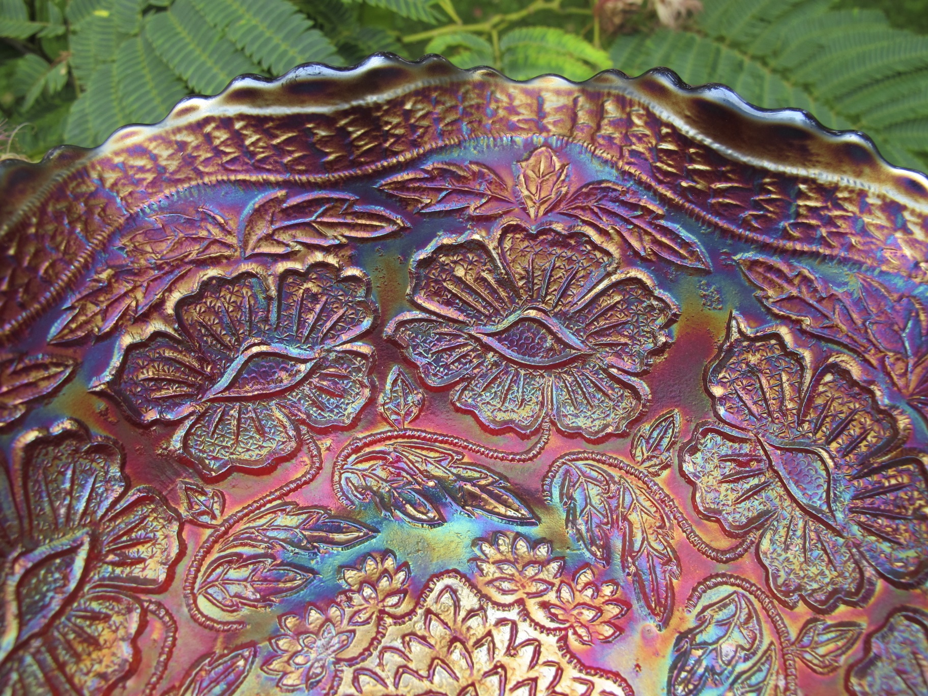 Antique Fenton Red Two Flowers Carnival Glass Footed Bowl Carnival Glass