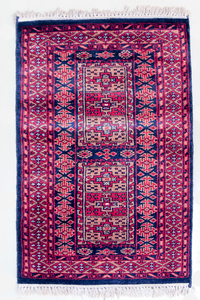 White pure wool bedside rug geometric design handmade and hand knotted