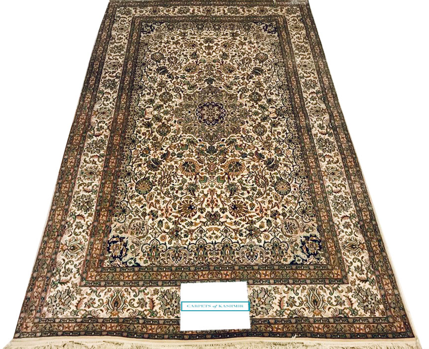 White 6 by 4 coffee table rug silk from Carpets of Kashmir