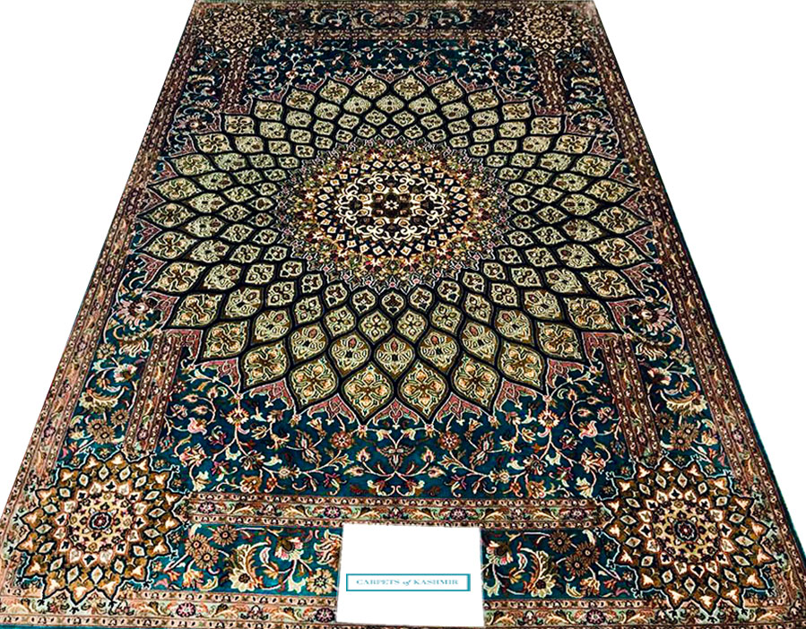 Green handmade handknotted rug from Carpets of Kashmir Size 6 by 4