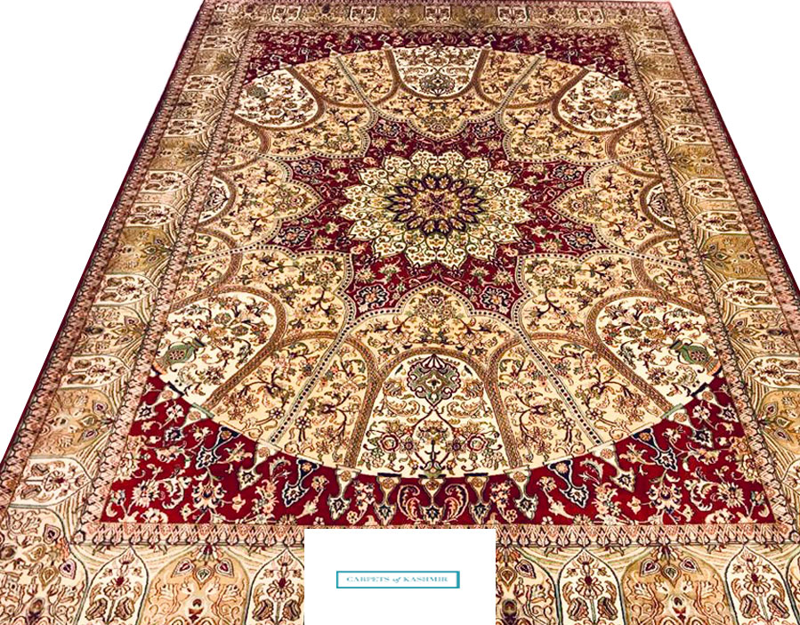 Red coffee table rug mulberry silk from Carpets of Kashmir Free Shipping