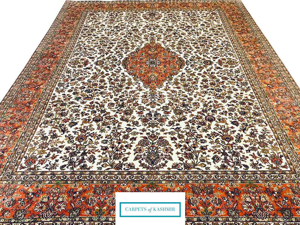 White living room oriental rug 10 by 7 handknotted from Kashmir