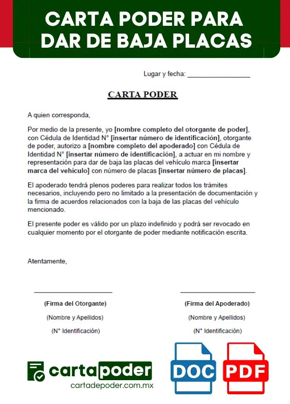 ᐅ Carta Poder para Dar de Baja Placas » +10 Ejemplos