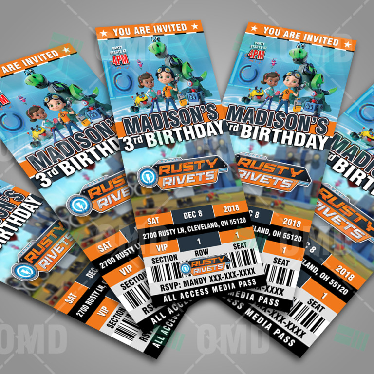 Rusty Rivets Ticket Style Birthday Cartoon Invites Cartoon Invites