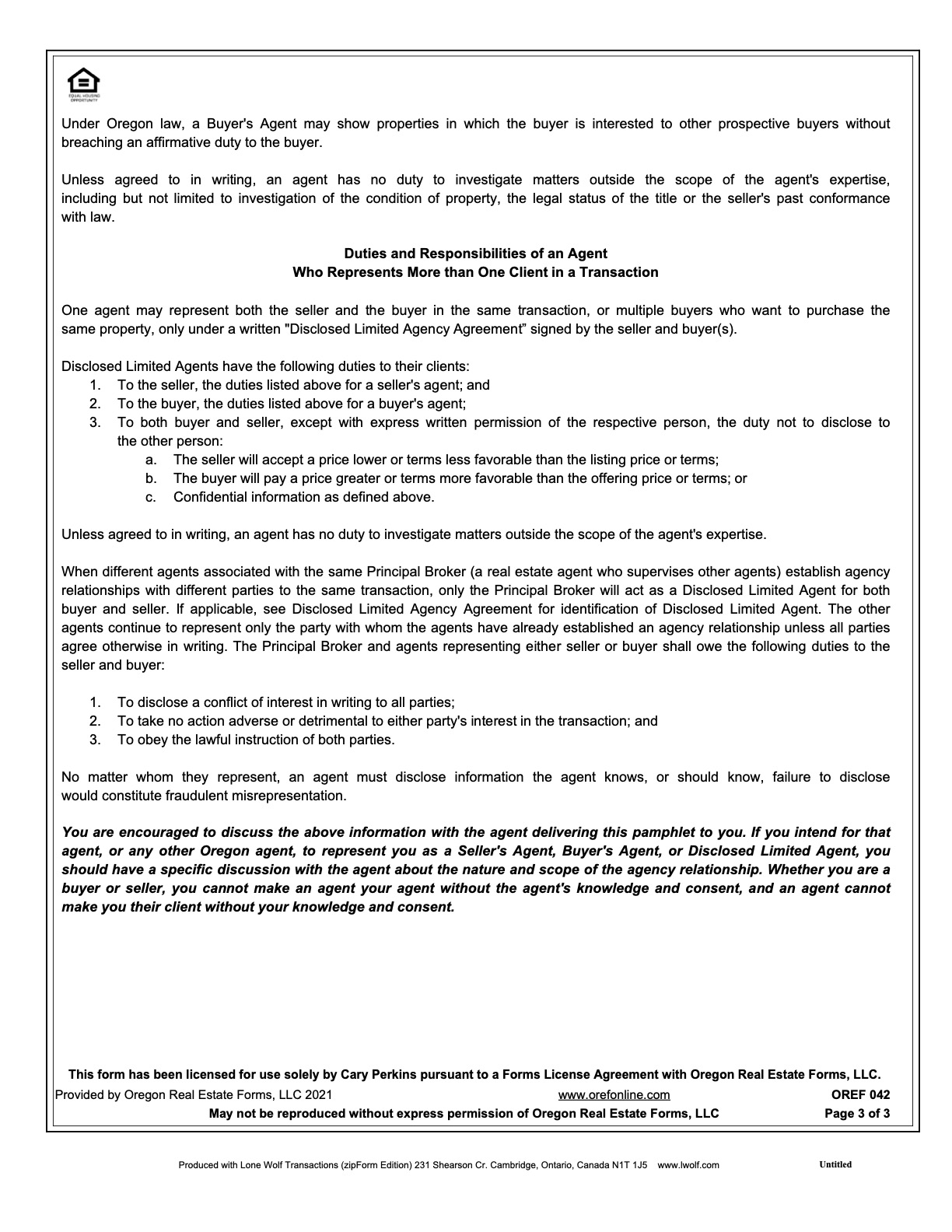 Oregon Real Estate Disclosure Pamphlet Cary Perkins Top Producer Real