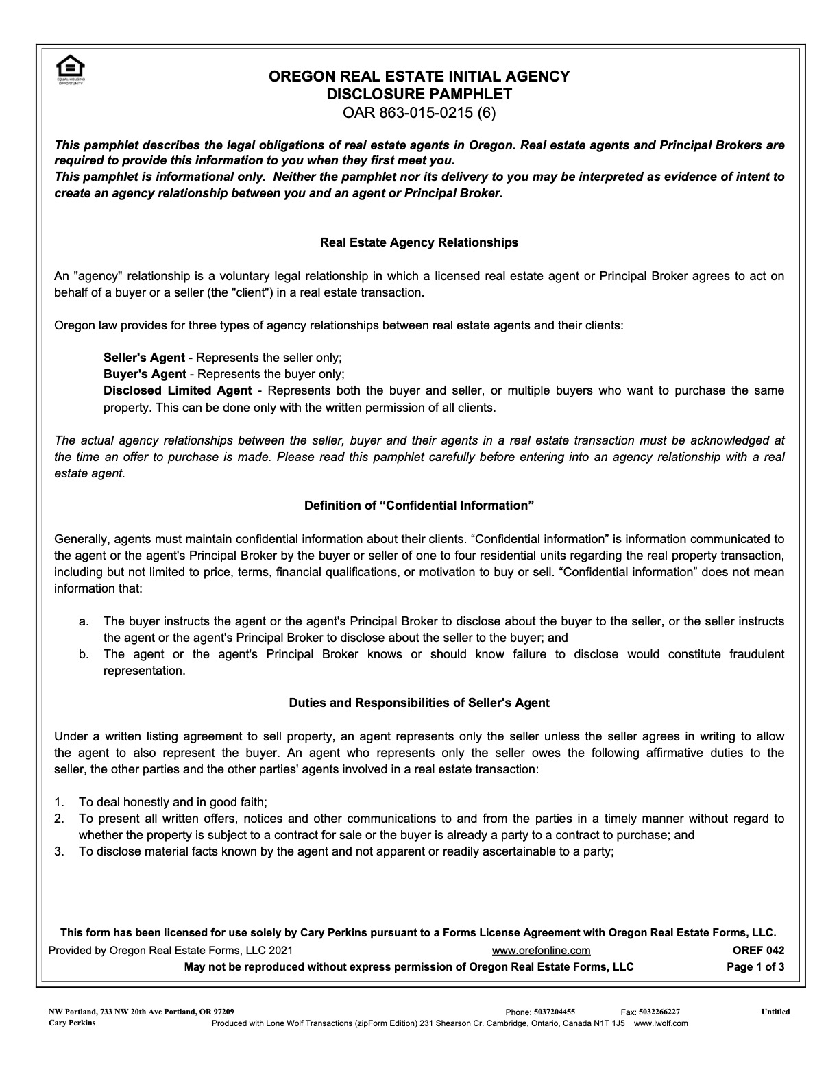 Oregon Real Estate Disclosure Pamphlet Cary Perkins Top Producer Real