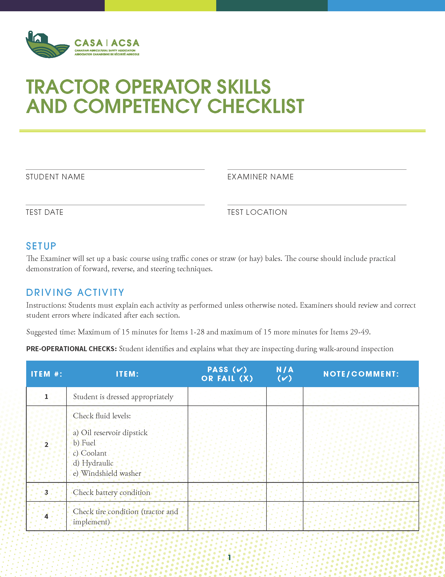 Tractor Operator Skills and Competency Checklist Canadian