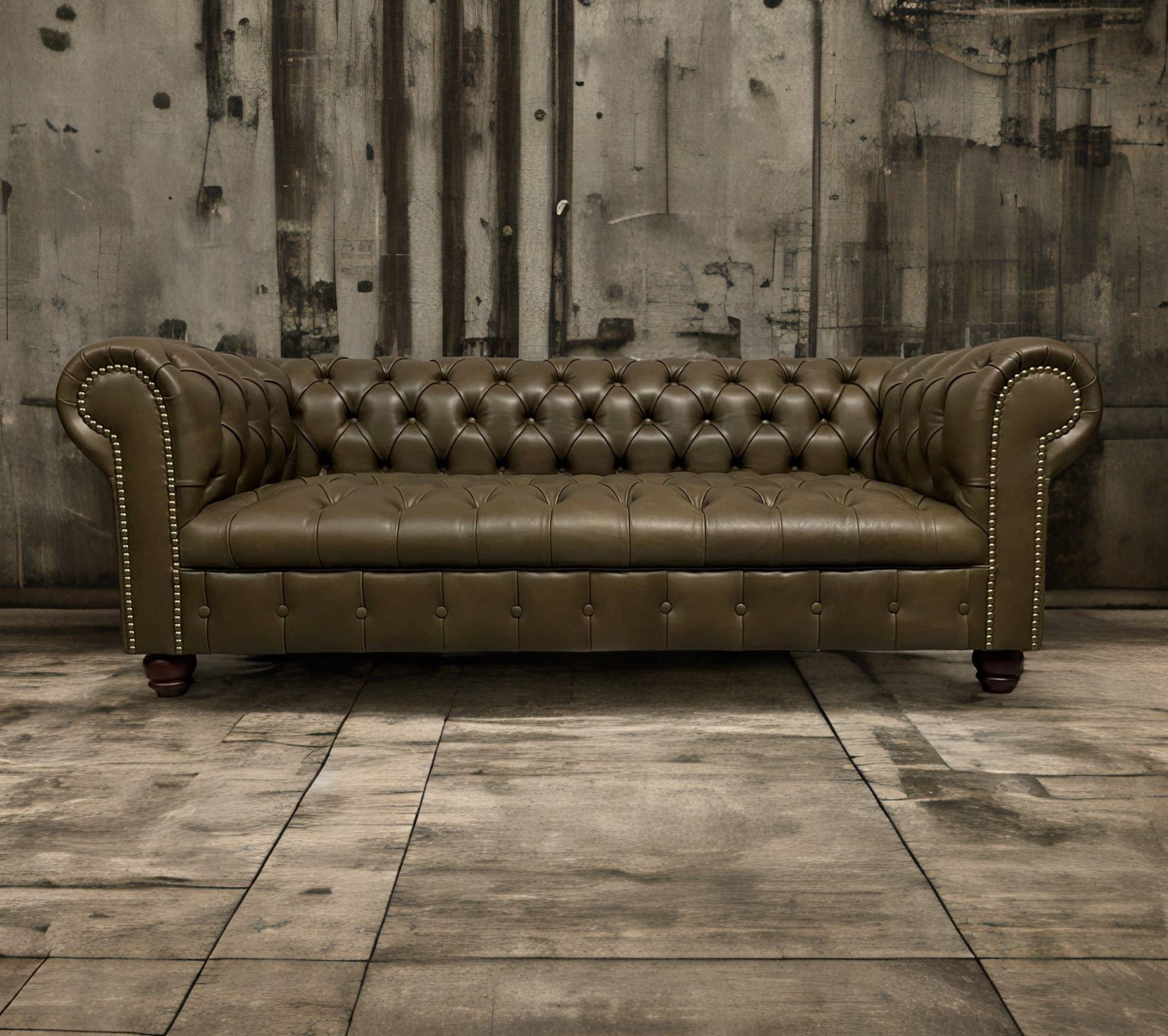 Sofa de Cuero Chesterfield Color Riga Oliva, Capitoné Ingles