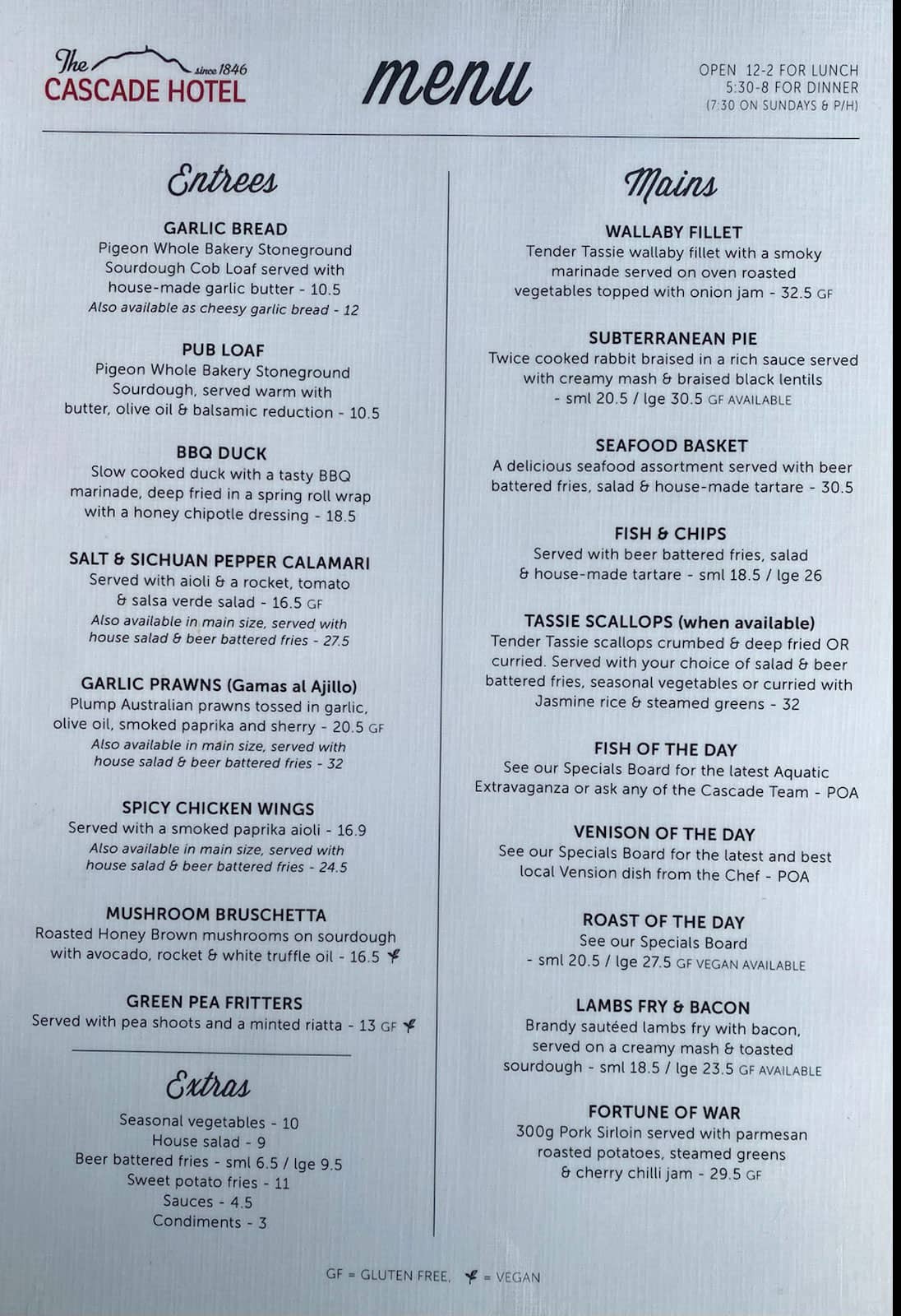 Our Menu The Cascade Hotel