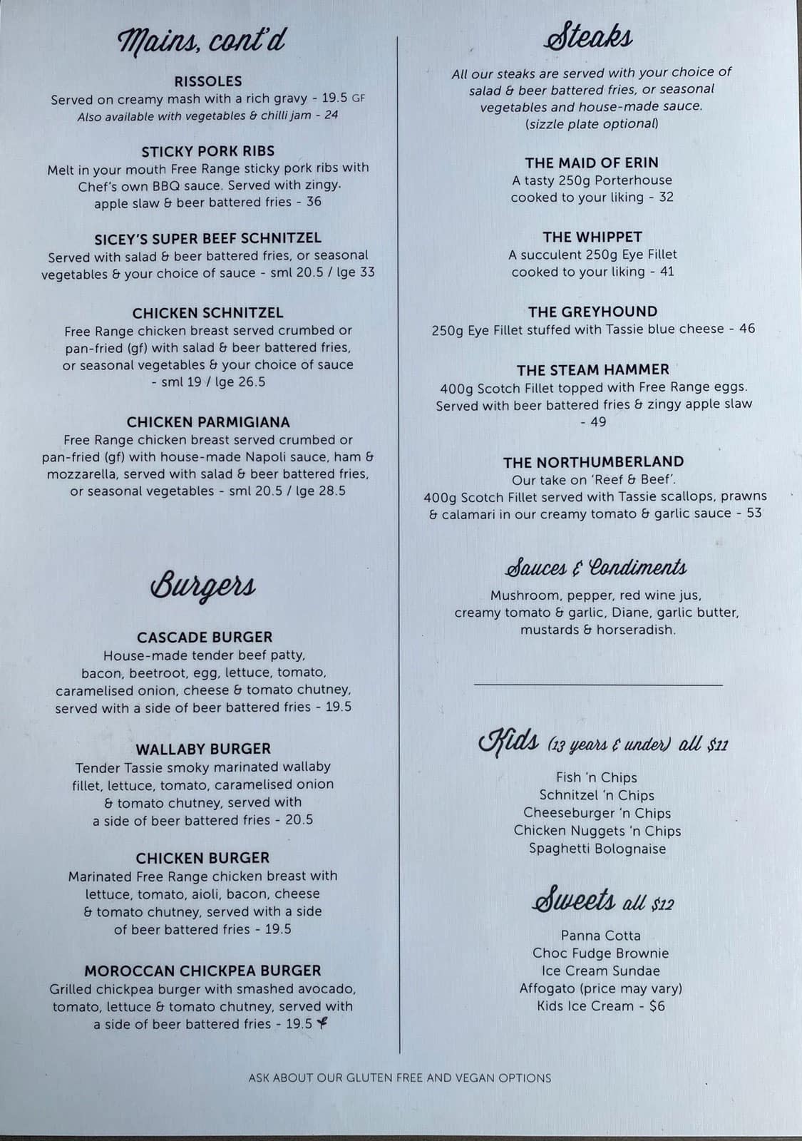 Our Menu The Cascade Hotel