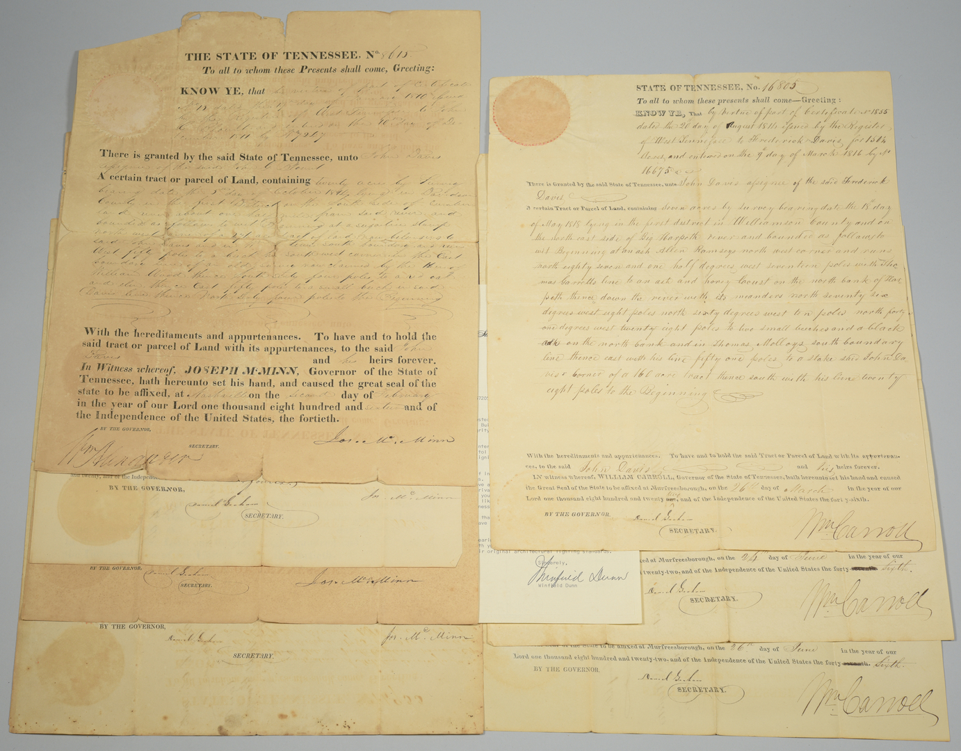 Lot 740 8 TN Governor Signed Land Grants & 1 Letter Case Auctions