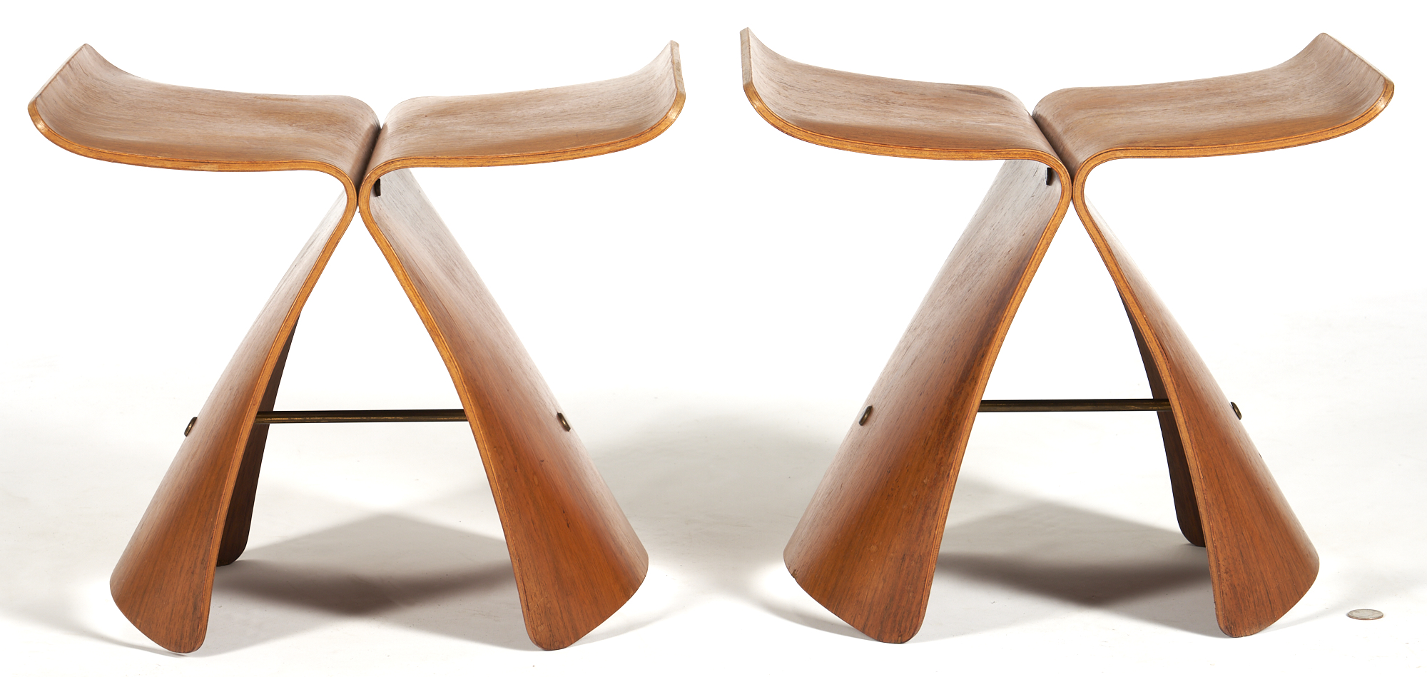 Lot 464 Pr. Mid Century Bentwood Butterfly Stools, Yanagi Style Case