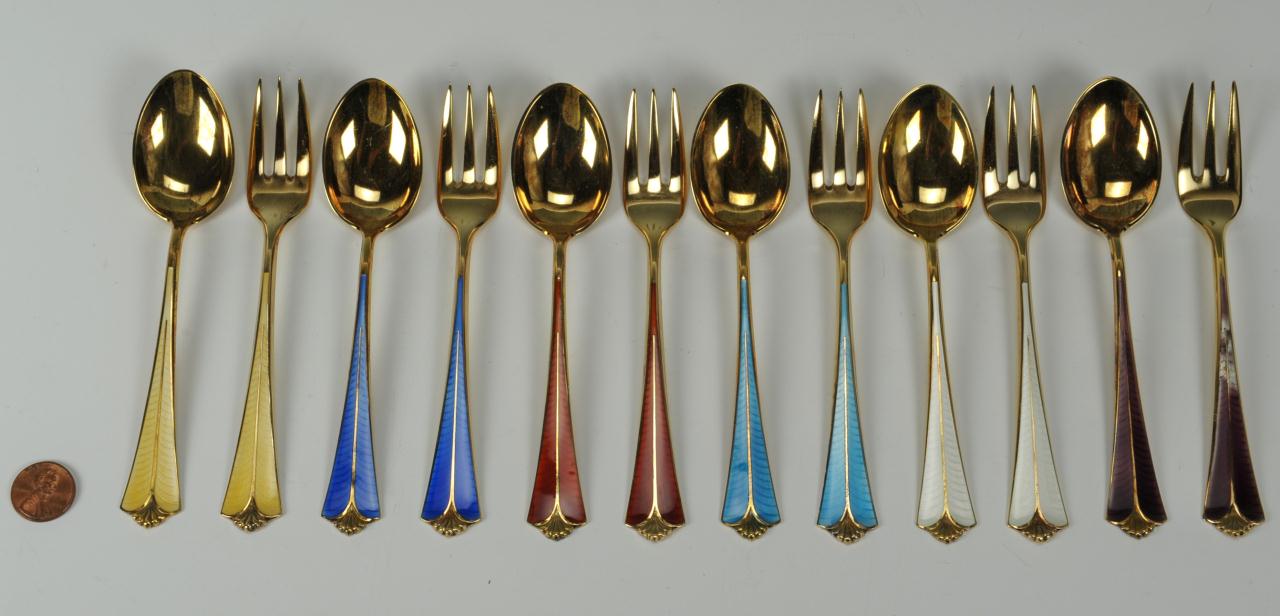 Lot 479 12 pcs David Andersen Enameled Silver flatware