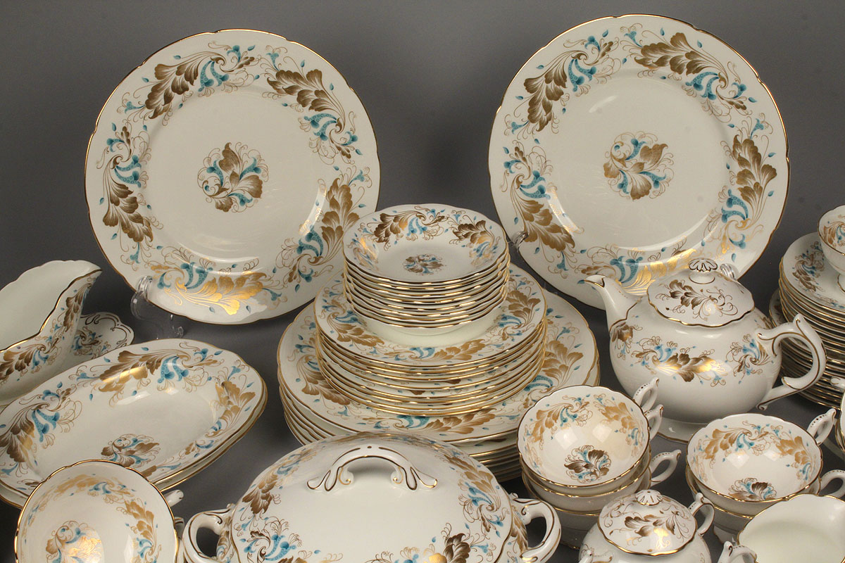 Lot 348 69 pcs. Coalport Dinnerware, "Strange Orchid" pattern