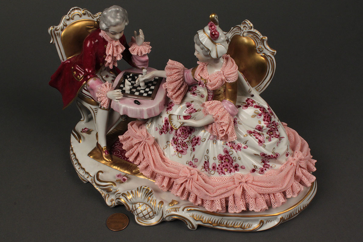 Lot 615 Dresden Porcelain Lace Figurine, chess game Case Antiques