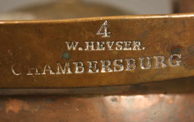 Stamped American copper tea kettle, W. Heyser Chambersburg PA