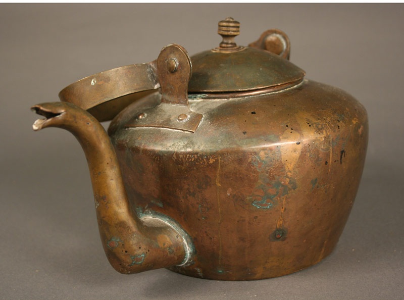 Stamped American copper tea kettle, W. Heyser Chambersburg PA