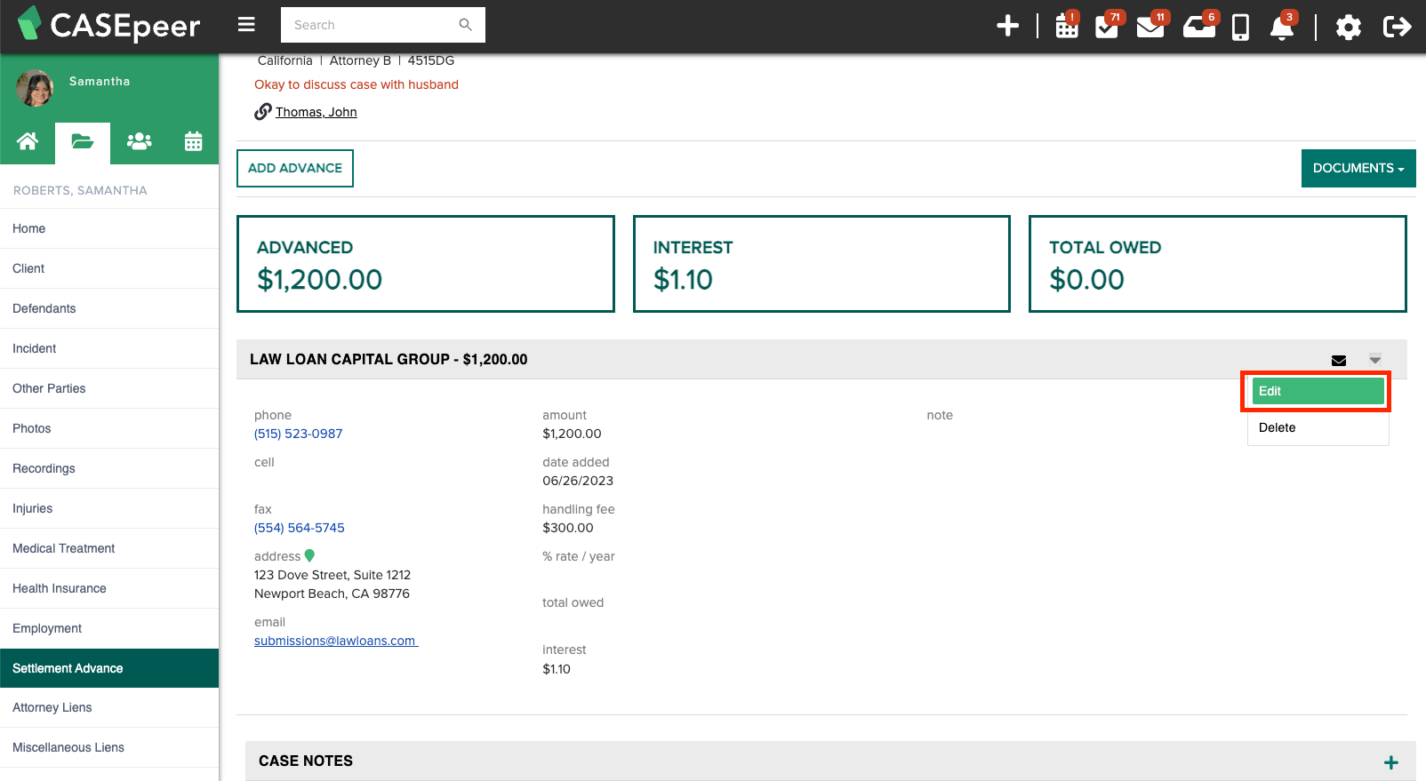 Edit Settlement Advance CASEpeer